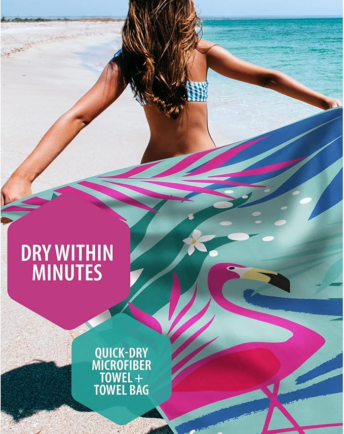 VENTURE 4TH Microfiber Beach Towel: Quick-Dry, Compact, Sand-Free, Absorbent, Sandproof and Lightweight - Perfect for Camping, Beach, and Roadtrips (Turquoise Flamingo Design | 35x78 inches)