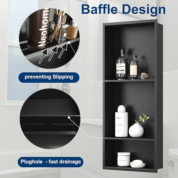 Neodrain 12X30 Inch Matte Black 3-Tier Stainless Steel Shower Niche, NO Tile Needed Recessed Wall Niche Shelf for Bathroom Storage Cabinet
