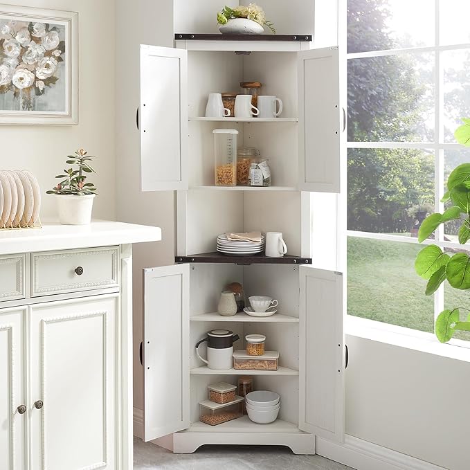 Tall Farmhouse Corner Cabinet with 4 Doors and Adjustable Shelves, Farmhouse Storage Cabinet with Barn Door Design, Home Space Saver for Living Room, Kitchen, Laundry Room (Antique White)