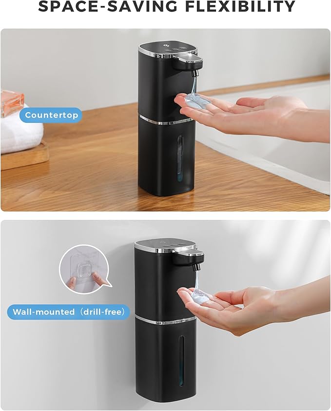 Automatic Liquid Soap Dispenser, 12.8oz Rechargeable, Adjustable Liquid Levels, IPX5 Waterproof, Touchless & Wall/Tabletop Use for Kitchen Bathroom, Black