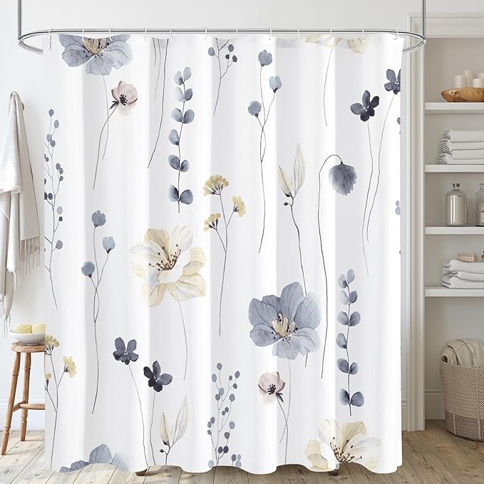 Gibelle Watercolor Floral Shower Curtain, Grey Beige Flower Shower Curtain for Bathroom, Modern Minimalist White Waterproof Fabric 72x72 Inch