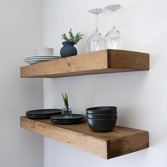 Urbandi Modern Floating Shelves 3 Inches Thick for Wall, Wide Shelves for Kitchen, Living Room, Bedroom, and Bathroom, Natural Pine Wood, Rustic Wooden Shelf, (Set of 2) (Aged Oak, 60Lx3Hx8D)