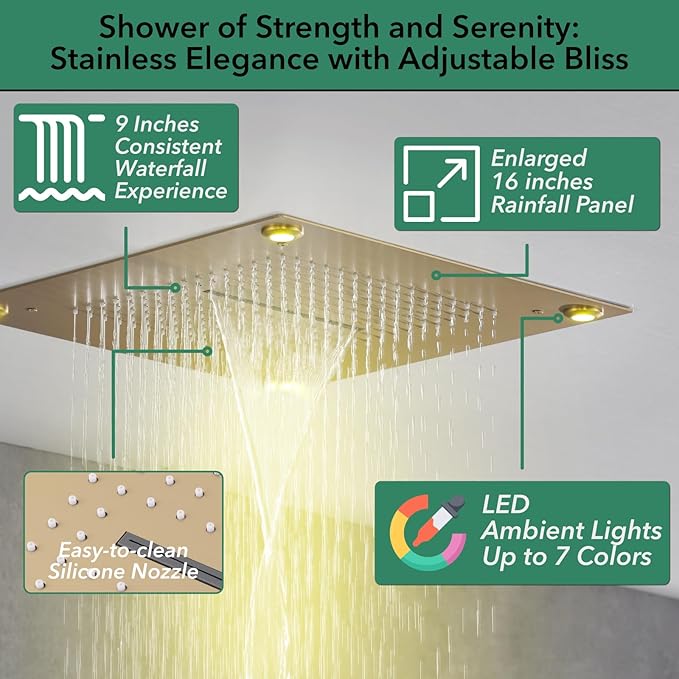VANFOXLE Shower Faucet Set Brushed Gold Shower System,Shower Faucet with 2 in 1 Handheld,Ceiling Mount 16 Inch Shower Head+6 Inch Shower Head(Rough-in Valve Body and Trim)