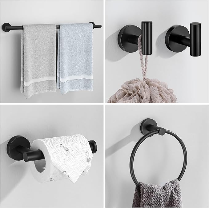 6 Pieces Matte Black Towel Bar Bathroom Hardware Set, 23.6Inch Matte Black Bathroom Accessories Towel Holder Set, SUS304 Stainless Steel Towel Racks for Bathroom