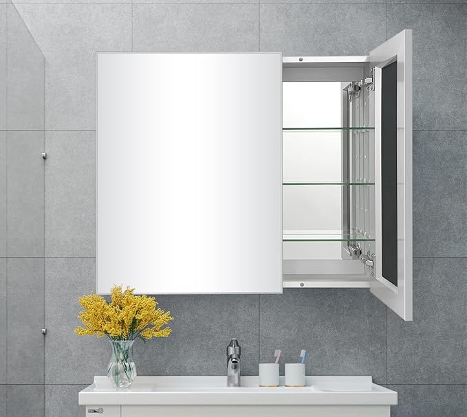 Aluminum Bathroom Medicine Cabinet with Mirror Door, 30"×26" Wall-mountable and Recessed-in Mirror Cabine, Bathroom Mirror Cabinet, 2 Doors Medicine Cabinet Organizer