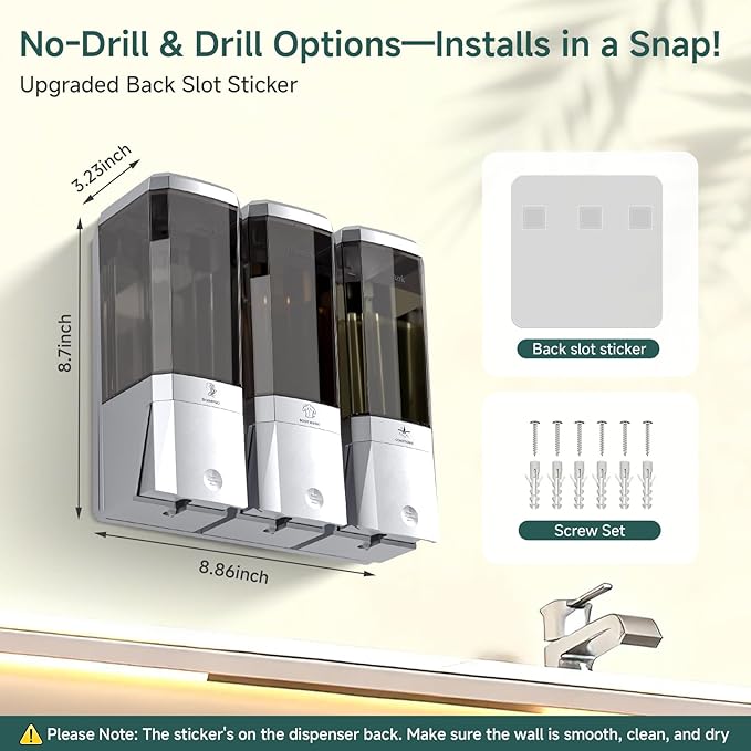 Shampoo and Conditioner Dispenser Wall Mounted No Drill, Shower Soap Dispenser 3 Chamber Shampoo Conditioner Body Wash Refillable 3 * 17oz Shower Soap Dispenser for Bathroom Hotel, Silver+Smoke Gray