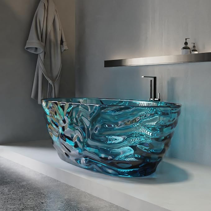 Cpingao 66" Resin Transparent Freestanding Bathtub, Contemporary Oval Stand Alone Tubs, Translucent Resin Freestanding Bath 1670 MM with Drain Lake Blue 8851-1700-BLUE