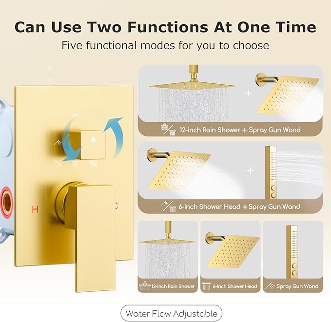 Dual Shower System Brushed Gold,Five Functions Knob Diverter Rainfall Shower Faucet Set with 2 in 1 Handheld Spray,12'' Ceiling Mount and 6'' Wall Mount Rainfall Shower System