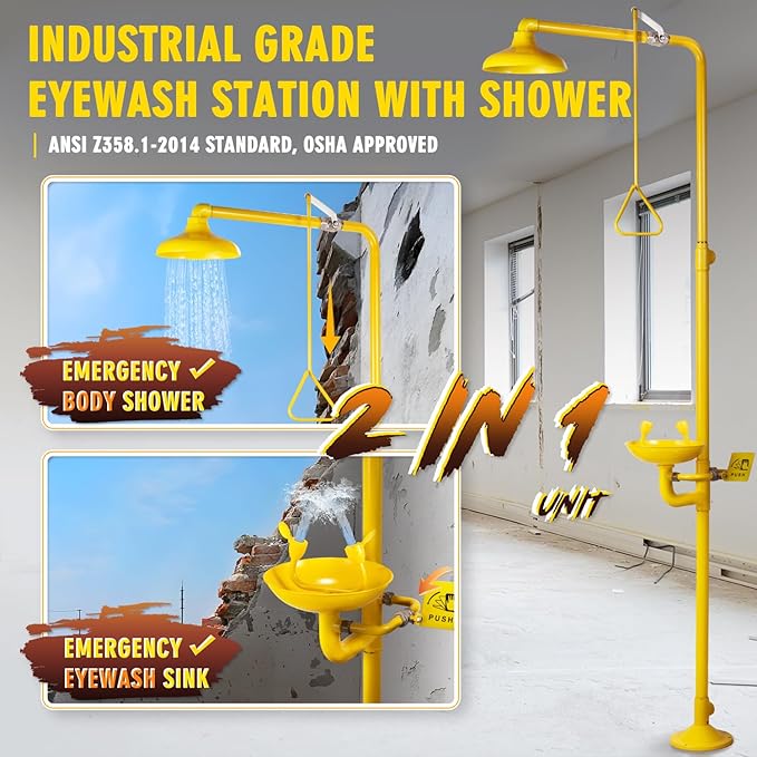 CGOLDENWALL Emergency Shower Eye Wash Station Safty Shower Combination Eye Wash Station with Shower, NPT Thread, with Emergency Sign, 304 Stainless Steel+Yellow Coating