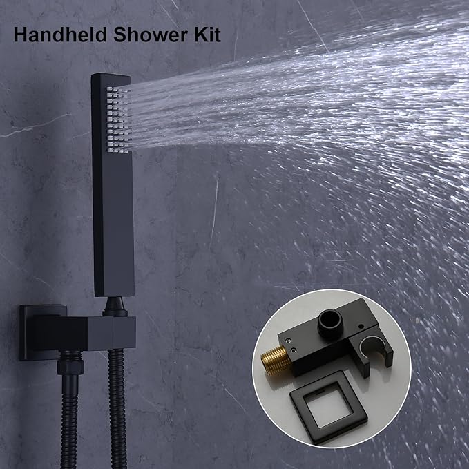 Bathroom Rainfall Shower System Wall Mount 8 Inch Shower Head With Handled Spray 6 Pcs jets Temperature Display Shower Faucet Set (Matte Black)