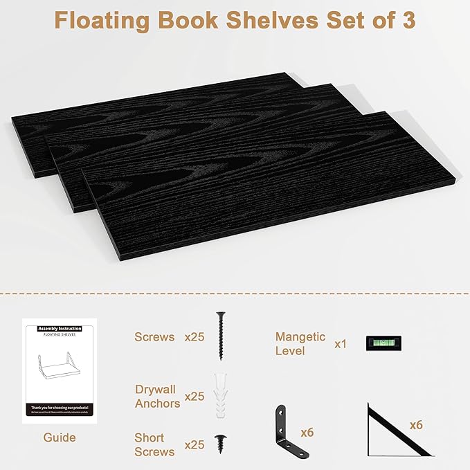 Fun Memories Extra Long Floating Wall Shelves, 48 x 8 Inches, Set of 3 Large Wood Floating Bookshelves with Metal Brackets for Storage & Display (Black)