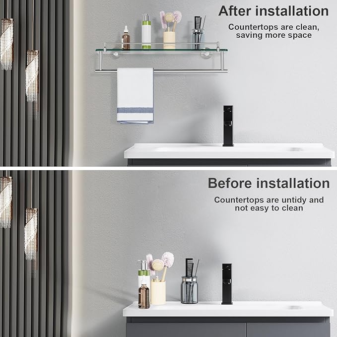 20-Inch Tempered Glass Bathroom Shelf with Towel Bar - Brushed Nickel & Stainless Steel, Wall Mount Rustproof Tower Holder with Shelves