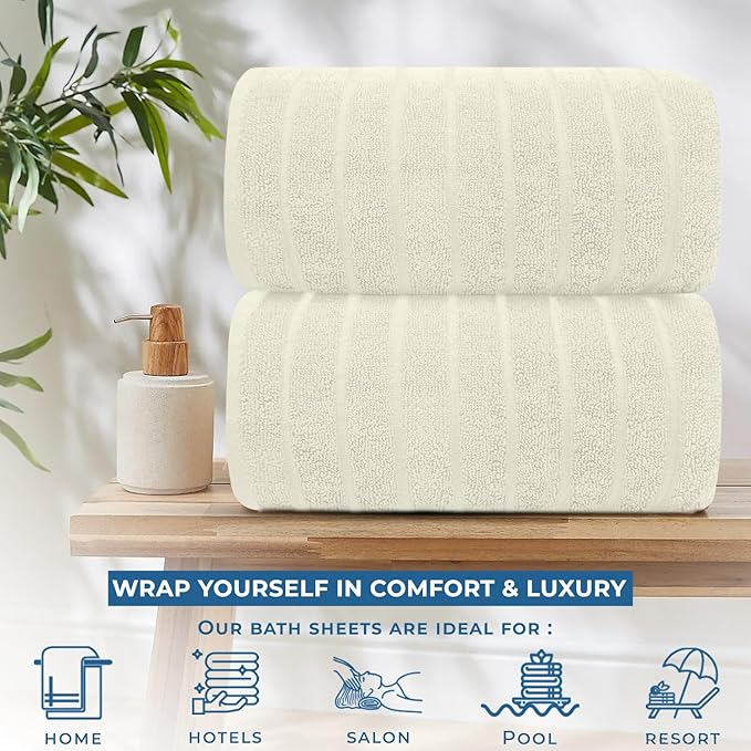 DAN RIVER Pack of 2 Bath Sheet 35x70 Inches, Extra Large Ribbed Quick Dry Bath Towels, Hotel Collection Towels for Adults - Ivory