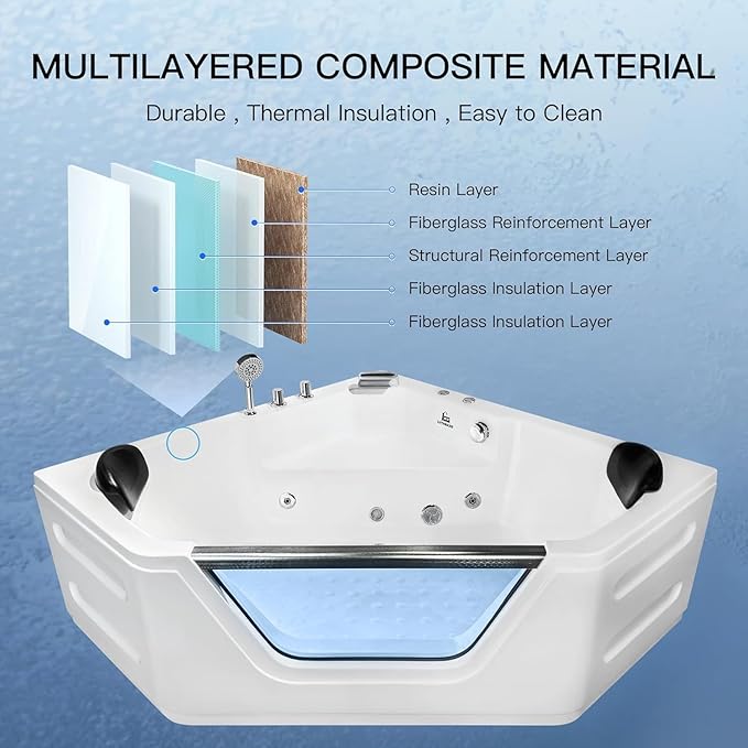 Corner Tub 2 Person Acrylic Whirlpool Bathtub,59" Corner Jetted Bathtub with Light,Spa Bath tub with 6 Jets,Hydro Massage Tub with Chromatherapy,White