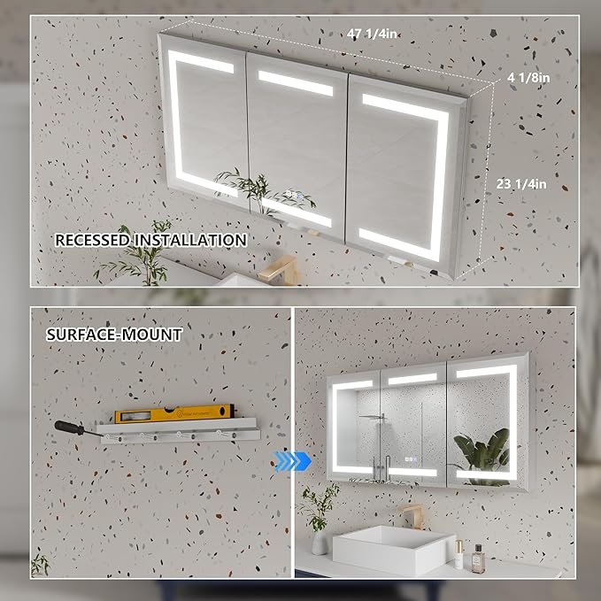 GroGro LED Lighted Bathroom Medicine Cabinet with Mirror, 48" W x 24" H Beveled Edge Medicine Cabinet with Lights,Surface or Recessed Mounting,Defog,Dimming,3-Color Temperature Adjustment