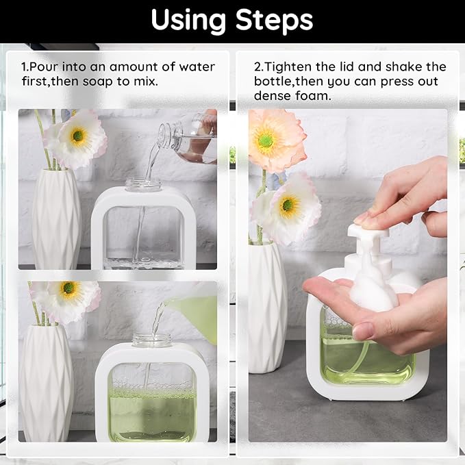 Segbeauty 10.1oz Foam Hand Soap Dispenser with Waterproof Labels, 300ml Square Foam Hand Dispenser or Bathroom & Kitchen Sink, Empty Refillable White Foaming Dish Wash Dispenser Pumping Containers
