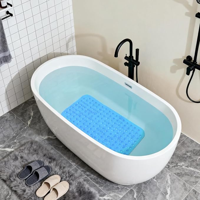 Anti-Slip Bathtub Shower mat, 27.5×14.5（Approximately 70×37cm） inch Soft Oversized Machine Washable Non-Slip Bathtub mat with Drainage Holes, Bathroom Floor Suction Cup.（1-Clear Blue）