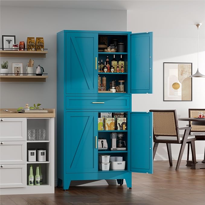 71" Tall Farmhouse Pantry Cabinet,Metal Cabinets with Doors and Shelves,Storage Cabinet for Kitchen Dining Room Garage,Blue Green