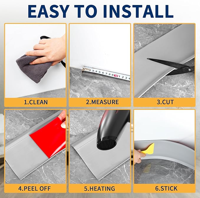 Flexible Baseboard Molding Trim 6 Inch Self-Adhesive Vinyl Wall Base Peel and Stick Cove Base Rubber Wall Baseboard Moulding Trim (40Ft, Gray)