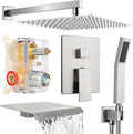Wall Mounted Shower Faucet Set, Shower System with Tub Spout, 12 Inch Rainfall Shower Head with Handheld Spray, Waterfall Tub Spout Bathtub Faucet, Brushed Nickel