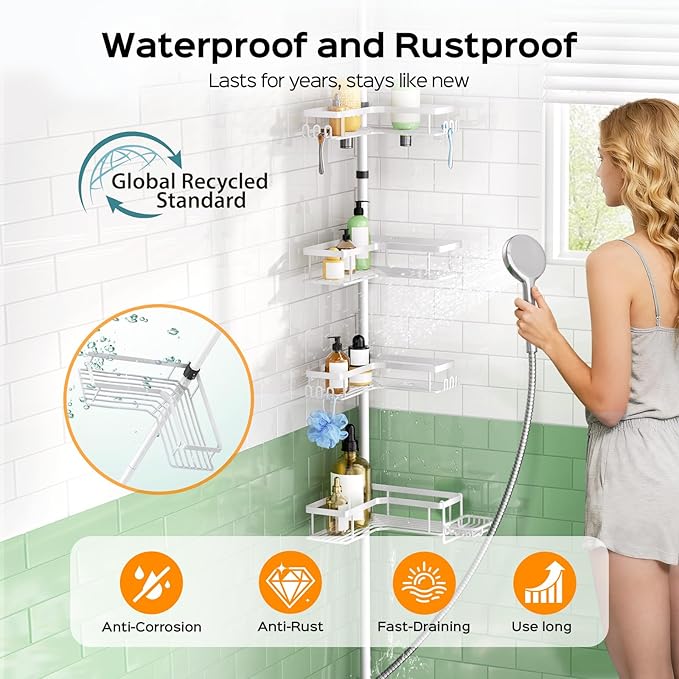 HAMITOR Corner Shower Caddy White: 4-Tier Rustproof Bathroom Bathtub Organizer Shelf with Soap Holder & Hooks - No-Drill Adjustable Standing Tension Pole Rack for Apartment Renters - 47-123 Inch