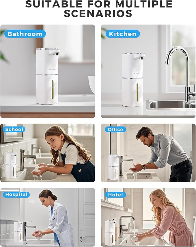 2 Pack Automatic Liquid Soap Dispenser, 12.8oz Rechargeable, Adjustable Liquid Levels, IPX5 Waterproof, Touchless & Wall/Tabletop Use for Kitchen Bathroom, White