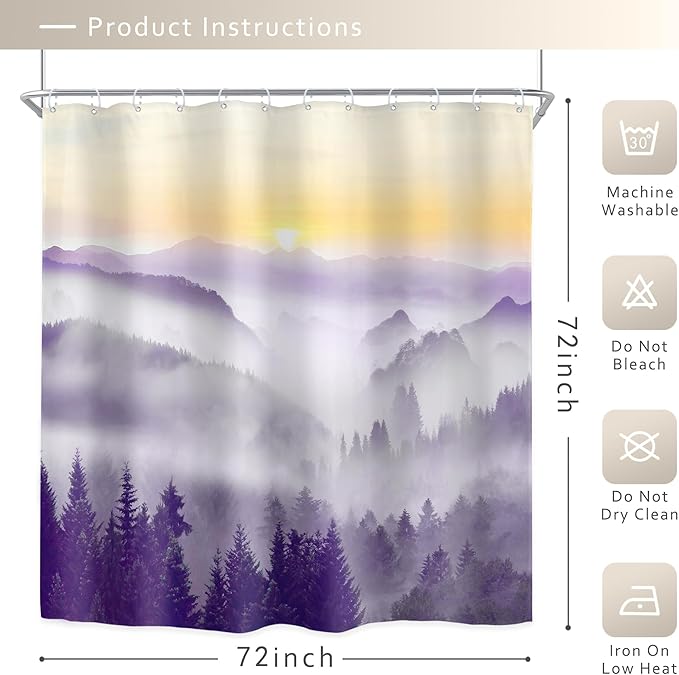 Riyidecor Misty Mountain Shower Curtain 72Wx72H Inch Purple Sunrise Nature Scenery Foggy Pine Tree Woodland Modern Rustic Natural Landscape Bathroom Decor Fabric Polyester Waterproof 12 Pack Hooks