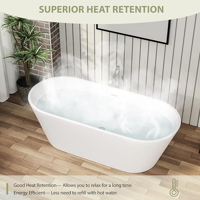 63" Acrylic Freestanding Bathtub - Mocoloo Modern Elegant Soaking Bathroom Tub Stand Alone, Matte White, Overflow and Stainless Offset Drain