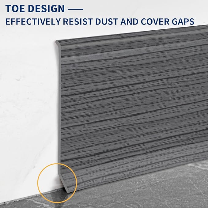 Flexible Baseboard Molding Trim 4 Inch Self-Adhesive Vinyl Wall Base Peel and Stick Cove Base Rubber Wall Baseboard Moulding Trim (40Ft, Deep Gray Wood Grain)