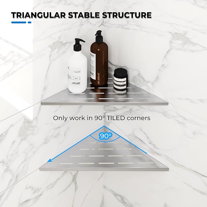 FerdY 2-Pack 10" Brushed Nickel Recessed Corner Shower Shelf, for Tiled Bathroom Walls, 304 Stainless Steel Floating Shelf, Shower Caddy Storage Shelves, No Drilling Required, Striped Triangle