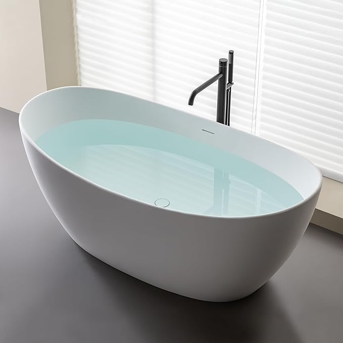 SJ STAR&JANE 65" Solid Surface Freestanding Bathtub Stone Resin Tub Oval Double Slippers Stand Alone Soaking Tub with Pop-up Drain and Overflow, Matte White
