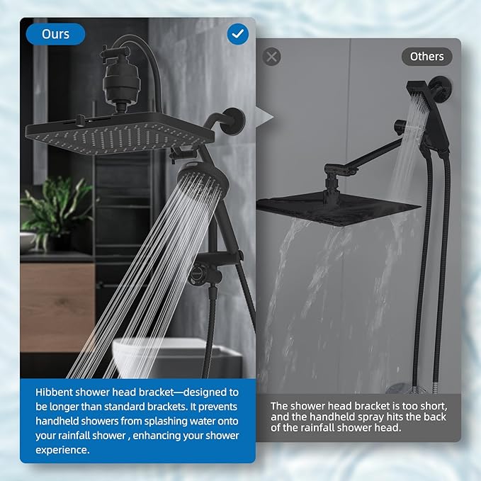 Hibbent 5-spray Dual Filtered Rainfall Shower Head Combo, High Pressure 13'' Showerhead with 10 Spray Mode Handheld, Easy Reach 4-way Diverter Shower Arm with Pause Mode, 71'' Hose and Holder, Black