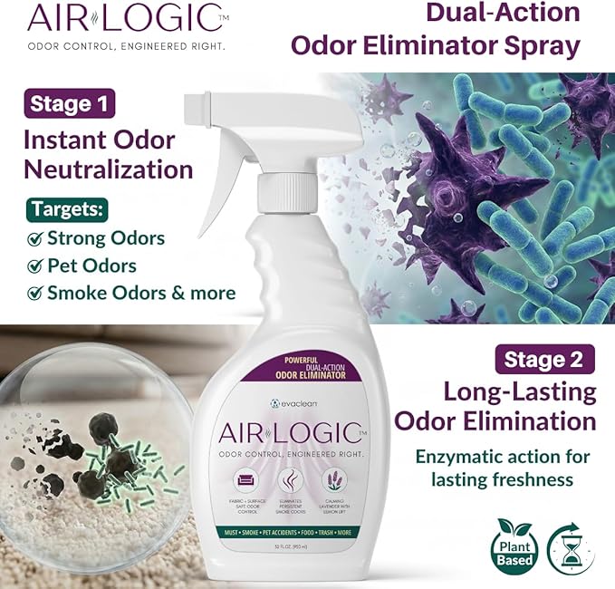 Dual-Action Odor Eliminator Spray 32 Fl Oz, Plant-Based Instant Knockdown & Enzymatic Deodorizer for Home, Neutralizes 16 Odor Sources, Bleach-Free, Fabric & Surface Safe, Lavender Lemon