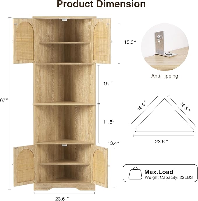 67''H Tall Corner Cabinet with Handmade Rattan Door, Rattan Storage Cabinet with Adjustable Shelves, Corner Bookshelf Space Saver for Barthroom, Kitchen, Natural