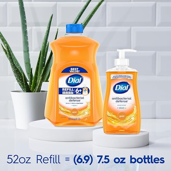 Dial Antibacterial Defense Liquid Hand Soap + Aloe, Gold Scent, 52 Fl Oz Hand Soap Refill (3 Count), Dermatologist-Tested, Gentle Formula