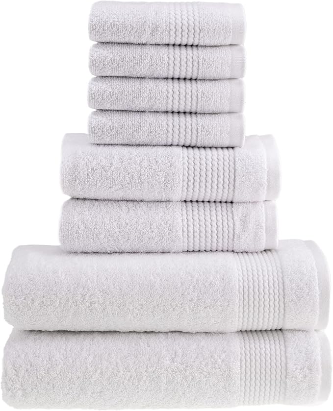 HALLEY Turkish Cotton Towels (Set of 8) 2 Bath Towels 2 Hand Towels 4 Washcloths, Super Soft Highly Absorbent 100% Cotton Towels for Bathroom and Kitchen for Mother’s Day (White)