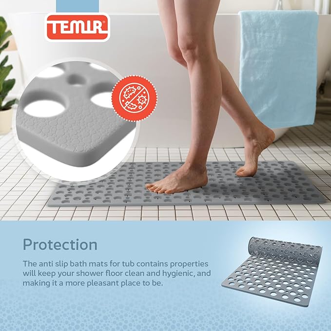 TEMIR Bathtub Mat Non Slip and Shower Mat with Suction Cups and Drain Holes, 30x17 in (75x43 cm), Soft Machine Washable Non Slip Bath Mat, Shower Mats for Inside Shower, Easy Dry&Cut (Gray)