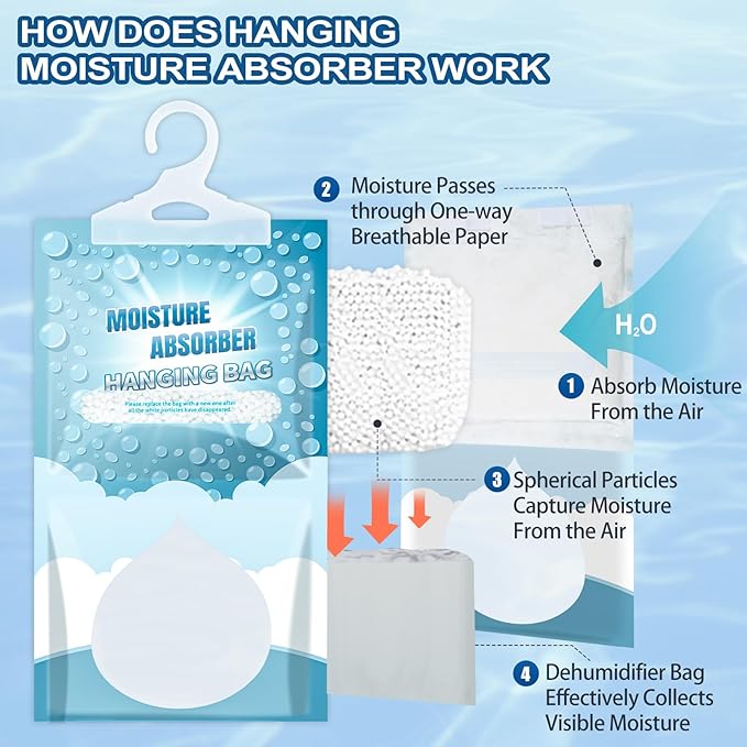 Moisture Absorbers Packets - Hanging Moisture Absorbers Dehumidifier Bags for Closet Bathroom Kitchen, Fragrance Free Humidity Absorber Packs, Removes Moisture & Odors, 5 Pack