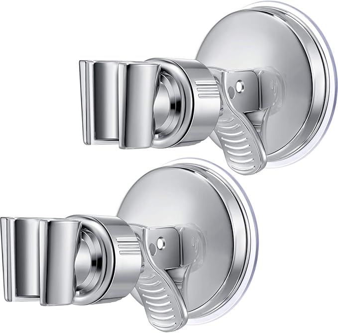 Zhehao Adjustable Shower Head Holder, Removable Suction Cup Shower Head Holder, No Drill Wall Mounted Suction Bracket with Chrome Polished for Marble Glass Metal Ceramic(2,Silver Wrench)