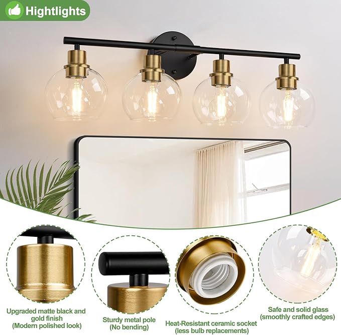 2025 Upgrade 4-Light Bathroom Light Fixtures, Black and Gold Bathroom Lights Over Mirror with Clear Glass Globe Shade, Vanity Lights for Bathroom Kitchen Living Room Hallway Cabinet Bedroom Porch