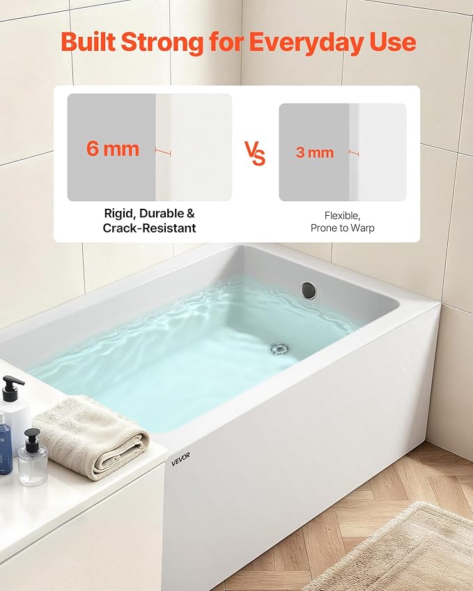 VEVOR Alcove Bathtub, 48" x 30" Contemporary Alcove Acrylic Bathtub, Soaking Bath Tub with Right Hand Drain and Overflow Hole, Large Rectangular Deep Soak Tub for Bathroom with Integral Flange, White