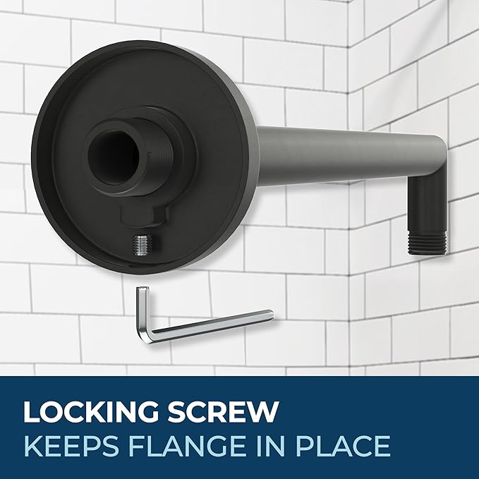 HammerHead Showers® Solid Metal 16 Inch Extended Shower Arm and Flange with Set Screw, Long Shower Arm, Extends Rain Shower Overhead, Wall-Mounted Rain Shower Arm, Matte Black