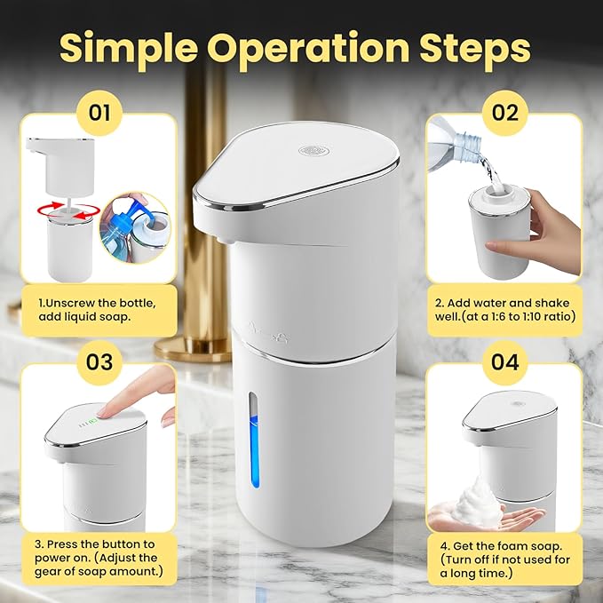 Automatic Foaming Soap Dispenser, 13oz/350ml White Touchless Foam Hand Soap Dispenser with 3 Foam Levels，Wall-Mounted & Countertop Design Type-C Rechargeable for Kitchen Bathroom
