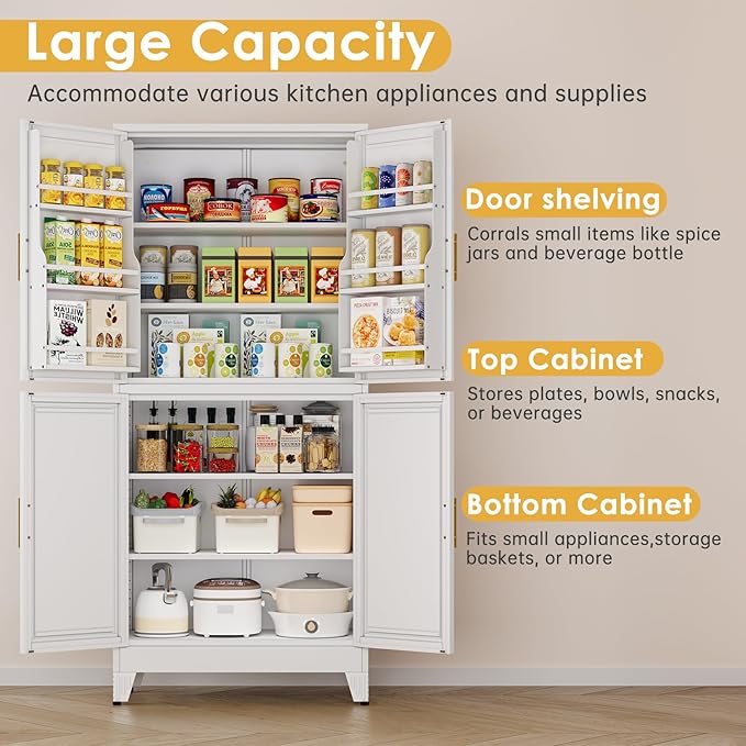 75" Tall Metal Kitchen Pantry Storage Cabinet, Freestanding Cupboard Storage Cabinet with 4 Doors and 4 Adjustable Shelves, Large Stand Up Food Cupboard for Dinning Room, Bathroom, White