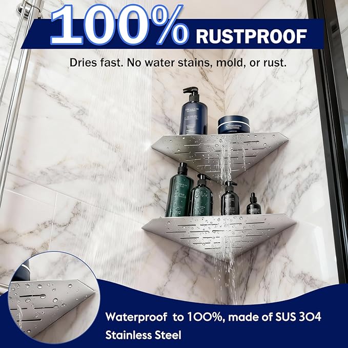10" Corner Shower Shelf 2 Pcs Brushed 304 Stainless Steel Diamond Heavy Duty Floating Corner Shelves Slot Design Recessed Bathroom Shower Shelf for 90° Tiled Wall, No Drilling Needed