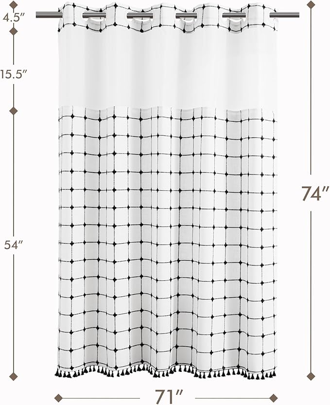 ROSERY No Hook Shower Curtain with Snap in Fabric Liner Set, Boho Farmhouse Black and White Woven Jacquard Grid Shower Curtain for Bathroom with Tassel, Checkered Pattern, 71" W x 74" L