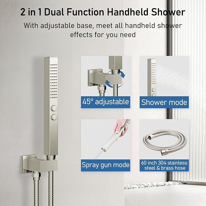 Rain Shower System Brushed Nickel,STARBATH Ceiling Mount 12'' Rain Shower Head and 6'' Rainfall Shower Head with Handheld Spray, 3 Way Shower Faucet Set with 5 Diverter and Trim Kit Complete