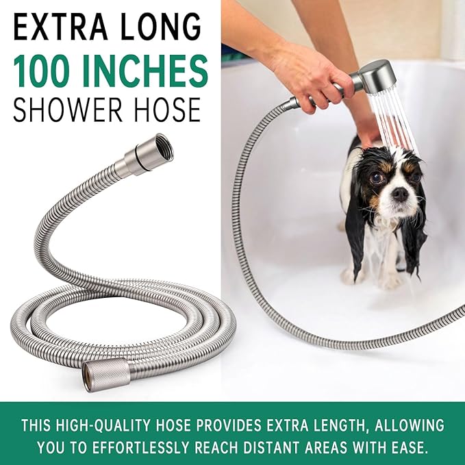 3 Mode Dog Shower Attachment, High Pressure Handheld Sprayer with ON/OFF Switch, G1/2" Metal Shower Diverter, 100 Inches Stainless Steel Hose, No Drill Hook, for Indoor Pet Bathing and Washing