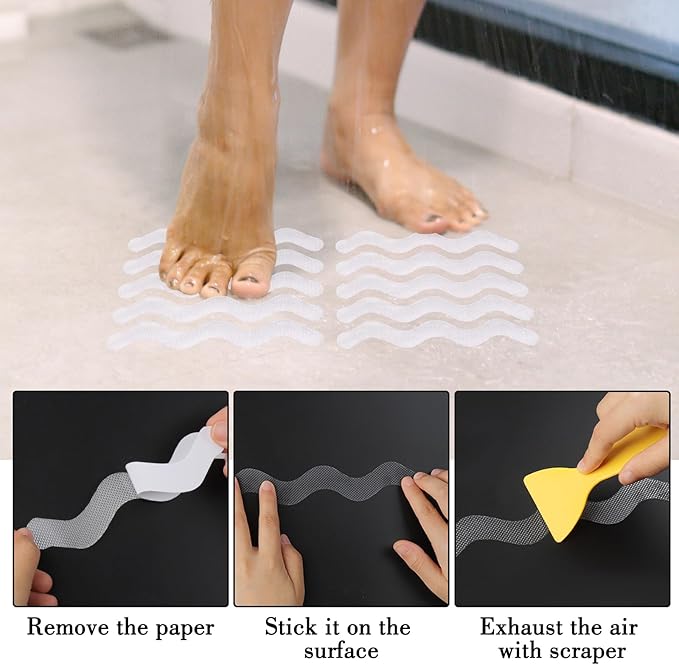 24pcs Anti Slip Shower Stickers, Non Slips Shower Strips with Premium Scraper, Clear Wave-Shaped Bathtub Non Slip Stickers for Bath Tub Showers Stairs Non-Slip