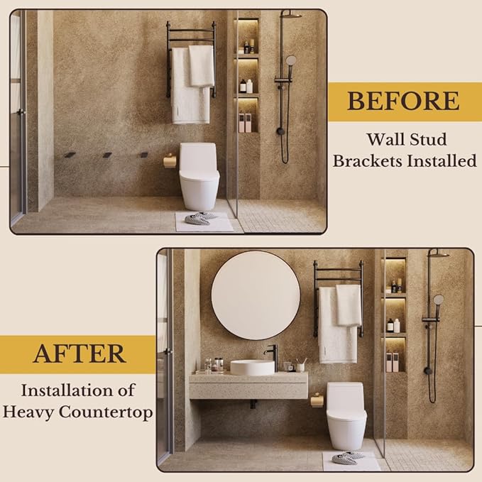 16 inch Floating Countertop Support Brackets by Balin Designs, Free hanging Floating Shelf Brackets Heavy Duty, Invisible Wall Shower Bench T Support for Vanities, Granite Countertops, (2 pack)